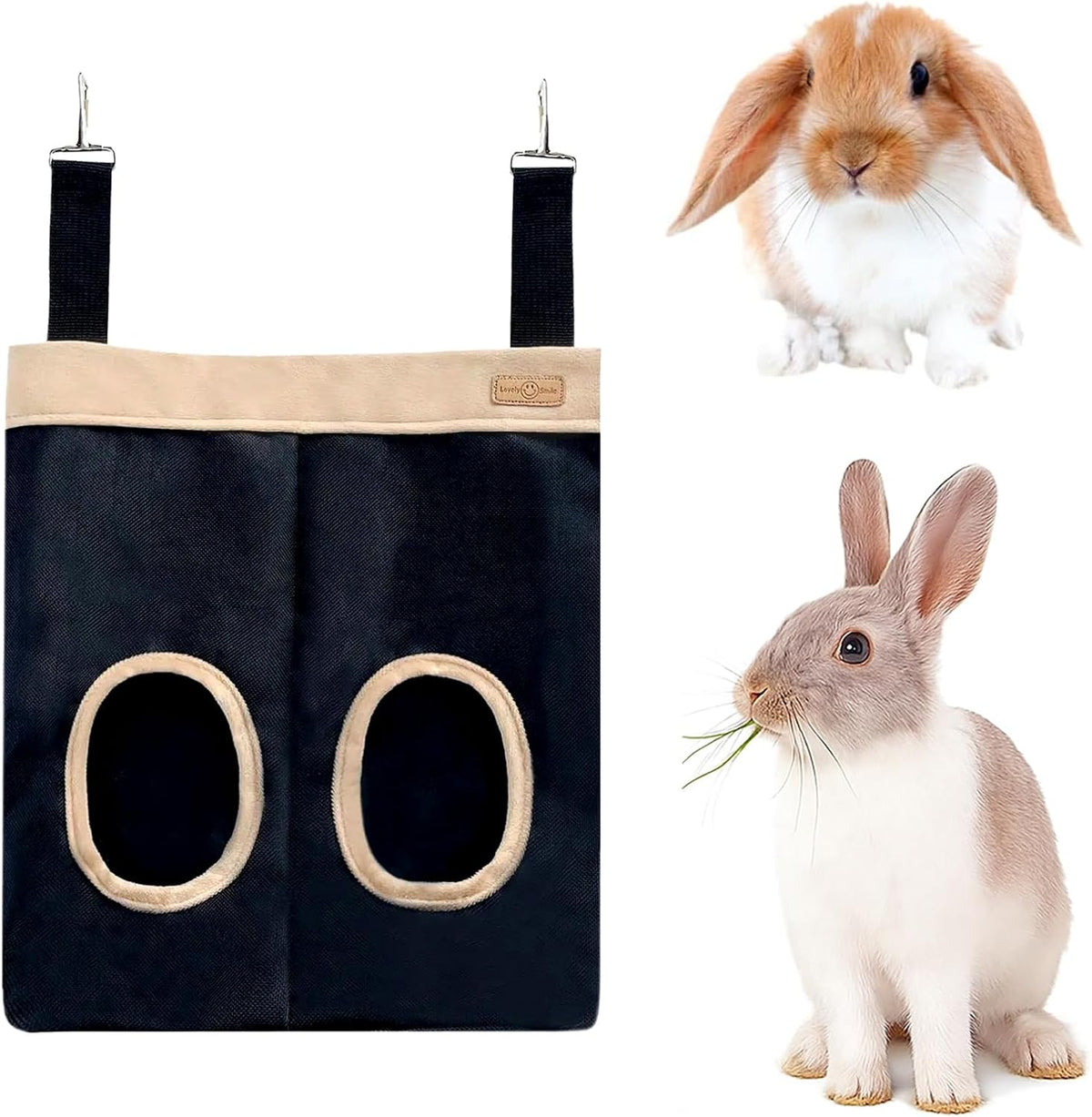 Hanging Double-Hole Hay Feeder Bag for Rabbits and Guinea Pigs – Black