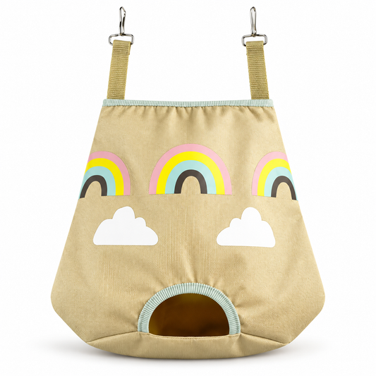 Rainbow Hanging Hay Feeder Bag for Rabbits and Guinea Pigs – Beige