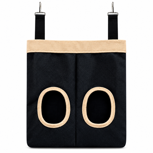 Hanging Double-Hole Hay Feeder Bag for Rabbits and Guinea Pigs – Black