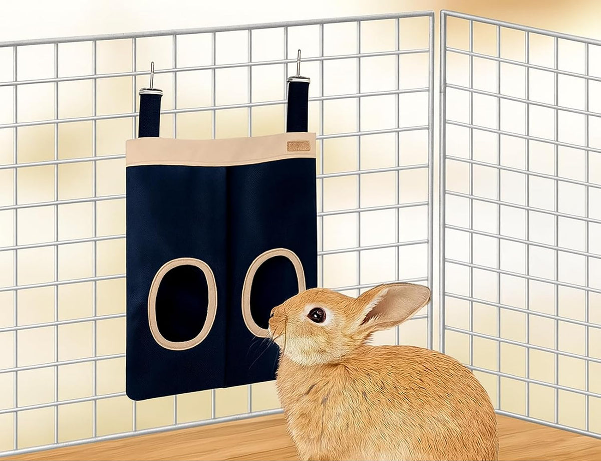 Hanging Double-Hole Hay Feeder Bag for Rabbits and Guinea Pigs – Black